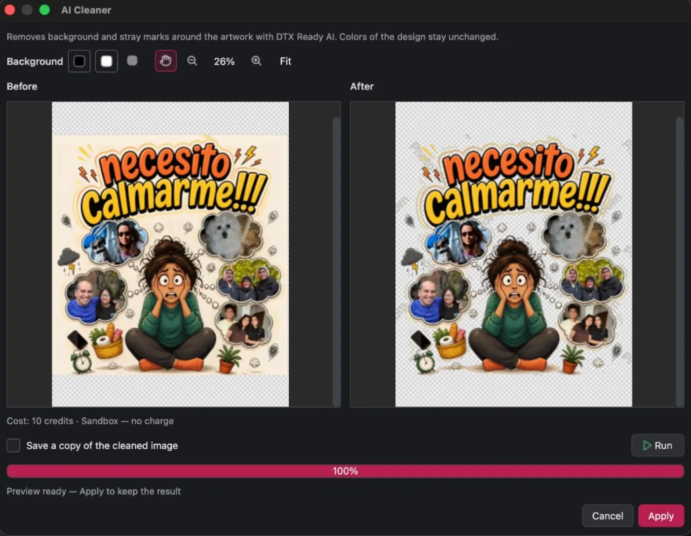 DTReady AI Cleaner: local AI cleanup that removes backgrounds and stray pixels for DTG and DTF printing