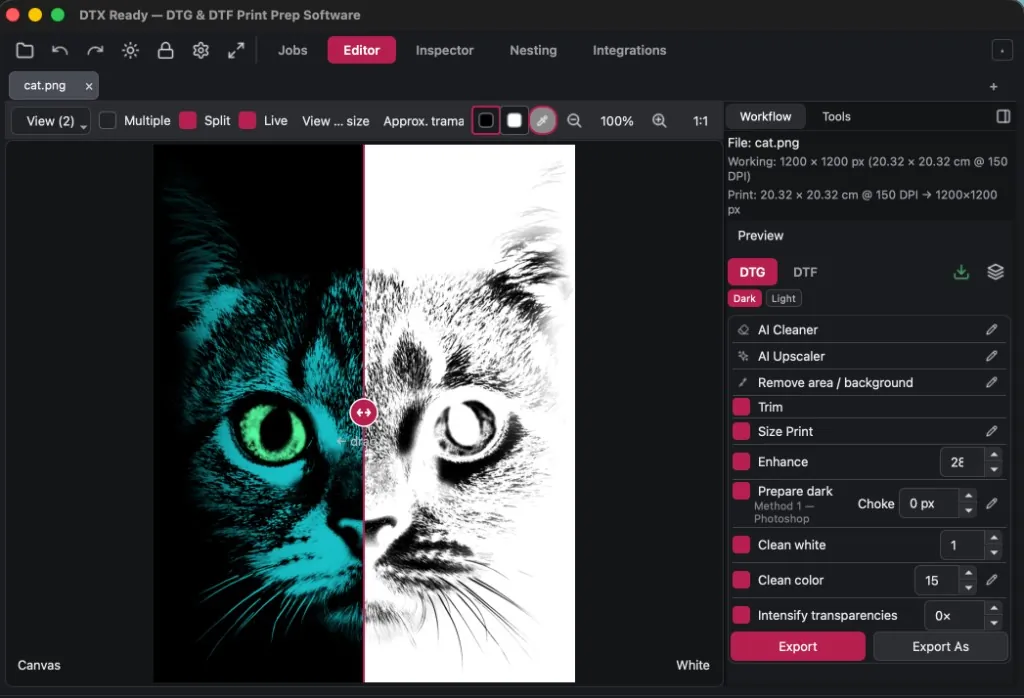 DTReady desktop editor with split view for DTG and DTF design prep—no Photoshop, no cloud