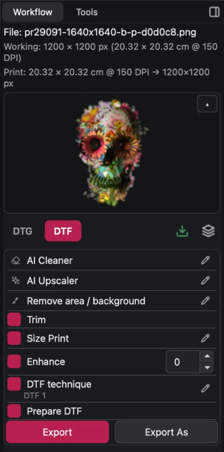 DTReady Workflows: DTF flow with AI Cleaner, AI Upscaler, trim, print size, and export in one process